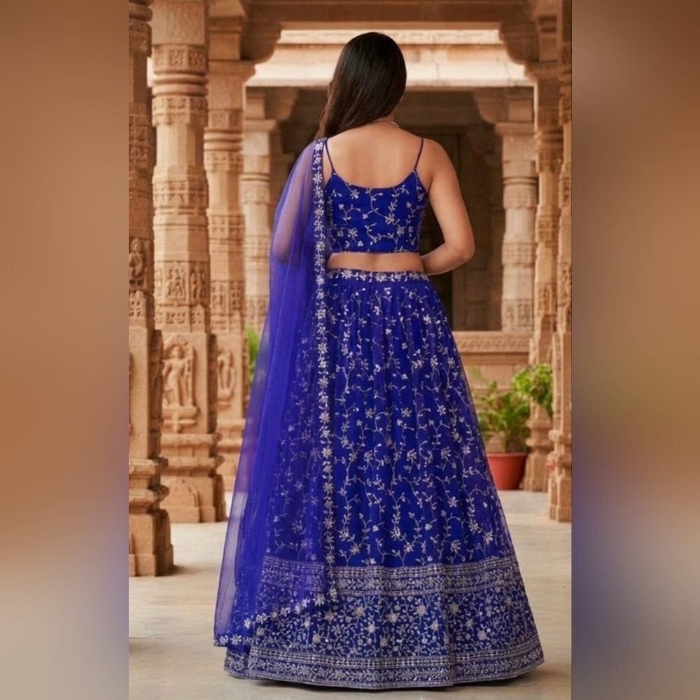 Blue Sequence With Silver Embroidery Work Georgette Lehenga Choli - Picture 3 of 13